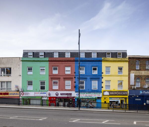 A row of brightly coloured houses