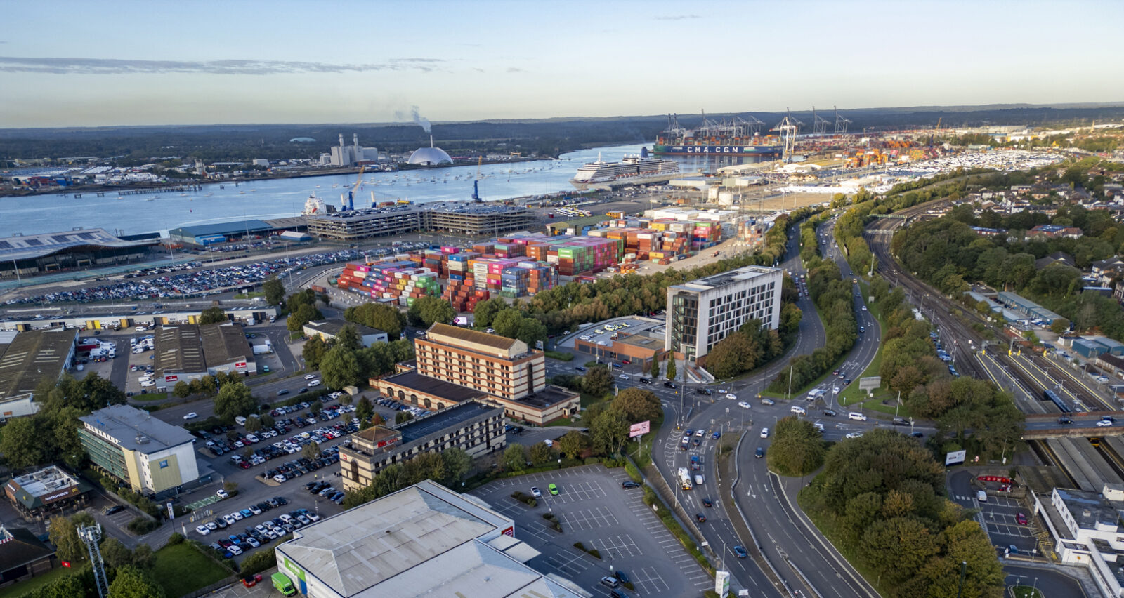 Aerial view across Southampton's port, waterfront and western city-centre approaches